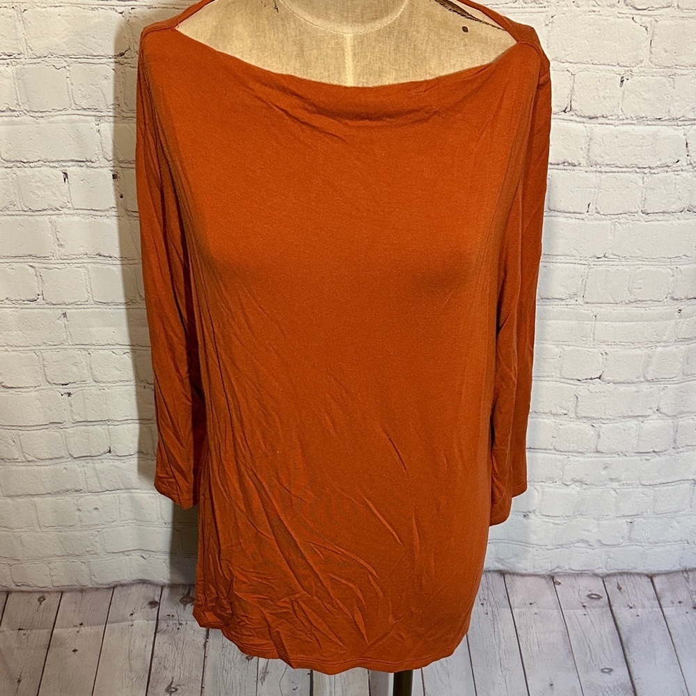 Adrienne Vittadini Rust Orange Blouse XL Y2K 90s‎ Stretchy 3/4 Sleeve Boat Neck
